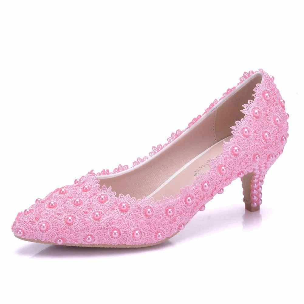 Women's kitten heel lace imitation pearl wedding pumps