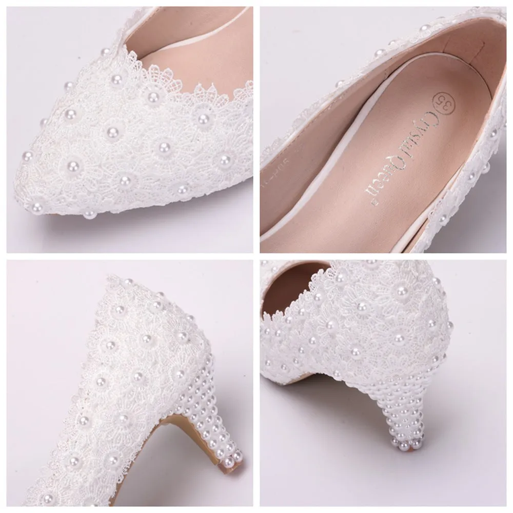 Women's kitten heel lace imitation pearl wedding pumps