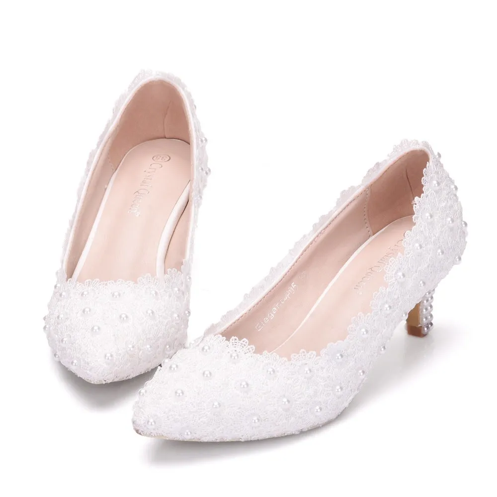 Women's kitten heel lace imitation pearl wedding pumps