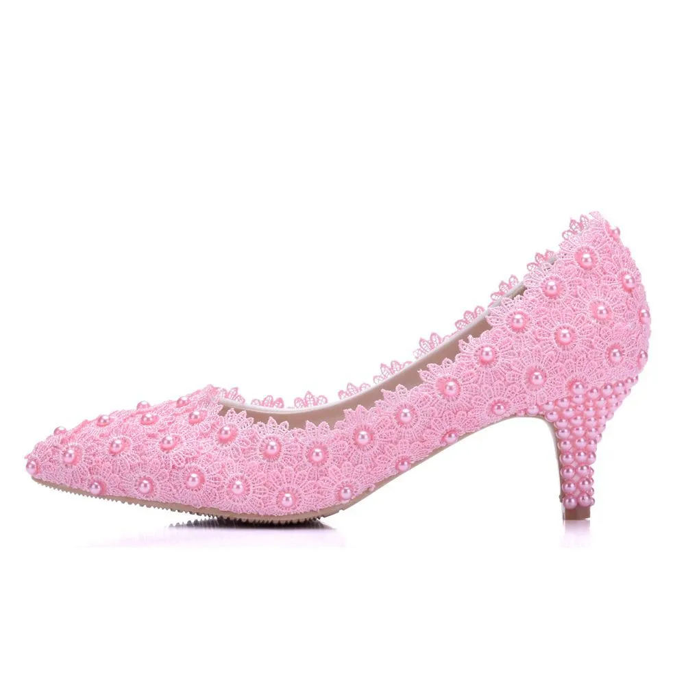 Women's kitten heel lace imitation pearl wedding pumps