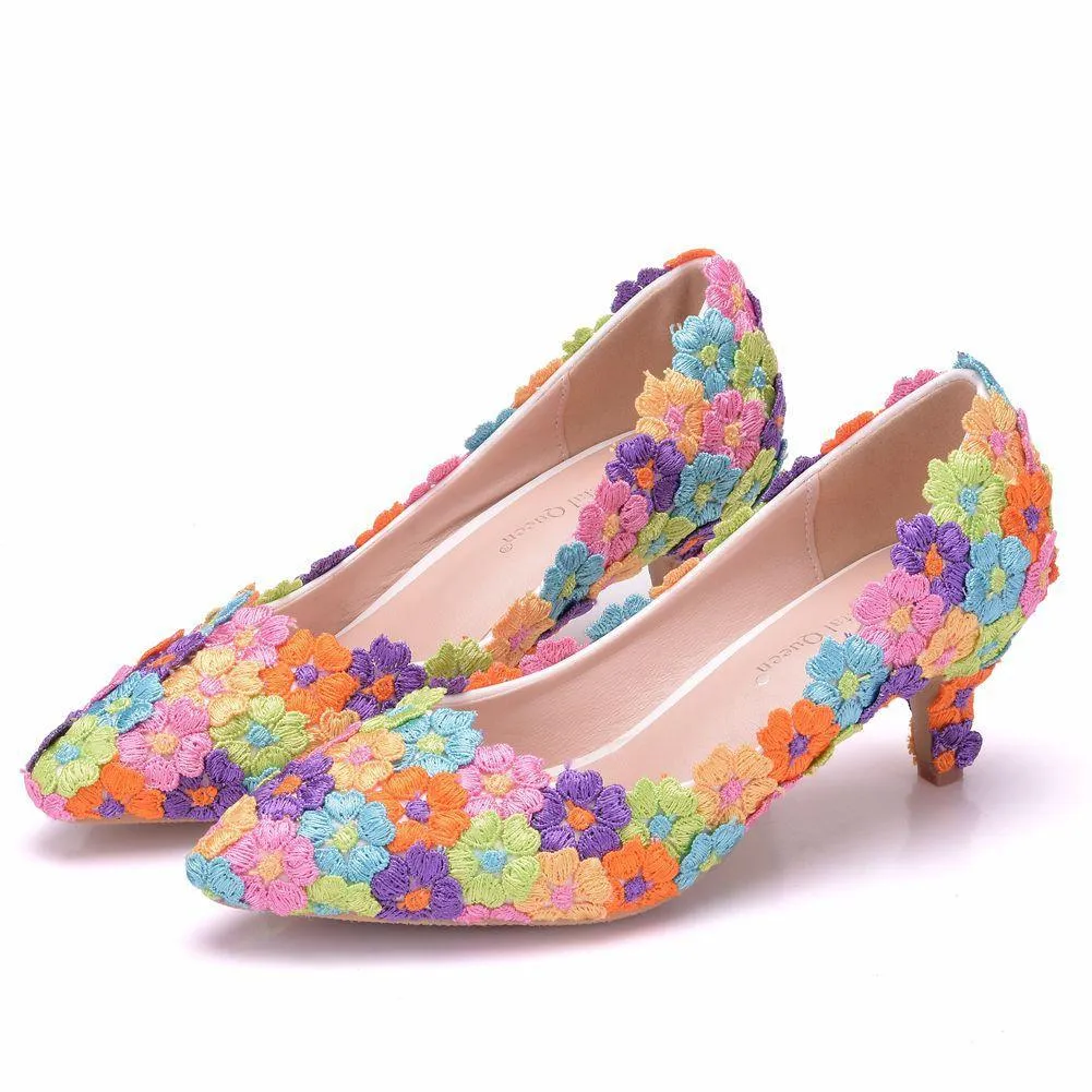 Women's kitten heel lace imitation pearl wedding pumps