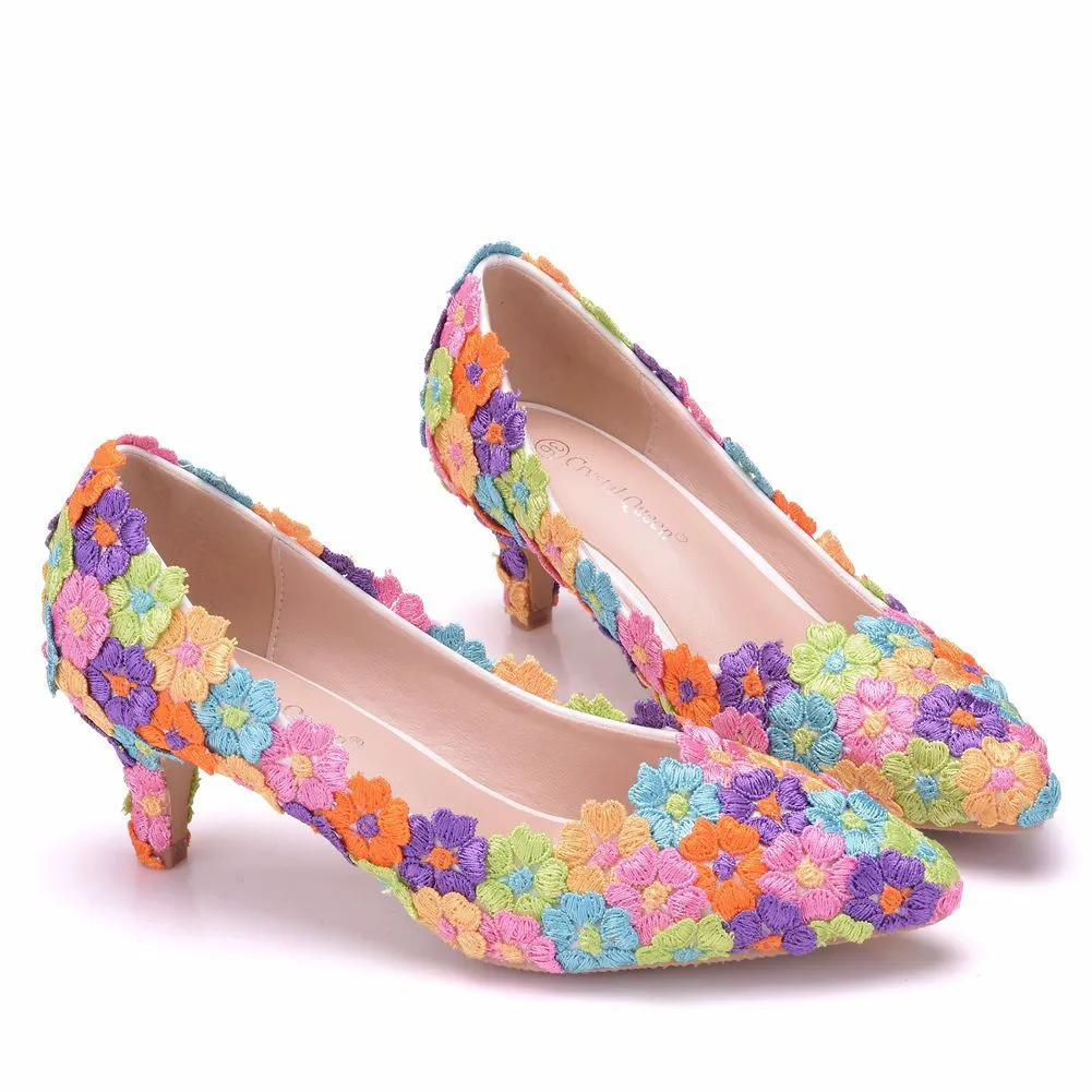 Women's kitten heel lace imitation pearl wedding pumps