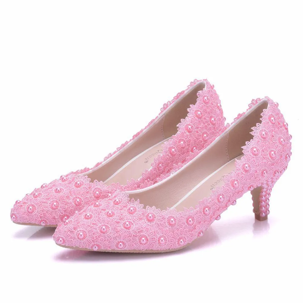 Women's kitten heel lace imitation pearl wedding pumps