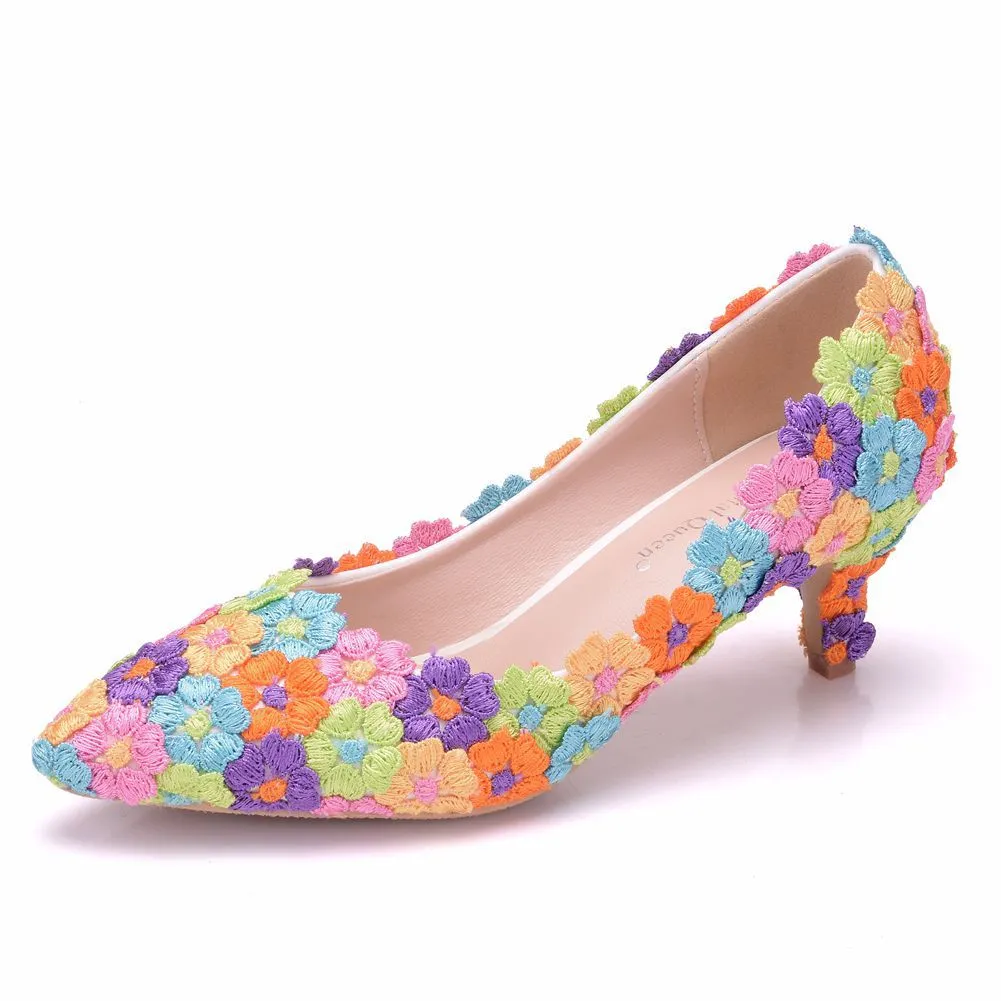 Women's kitten heel lace imitation pearl wedding pumps