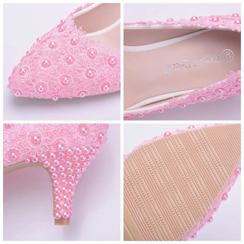 Women's kitten heel lace imitation pearl wedding pumps