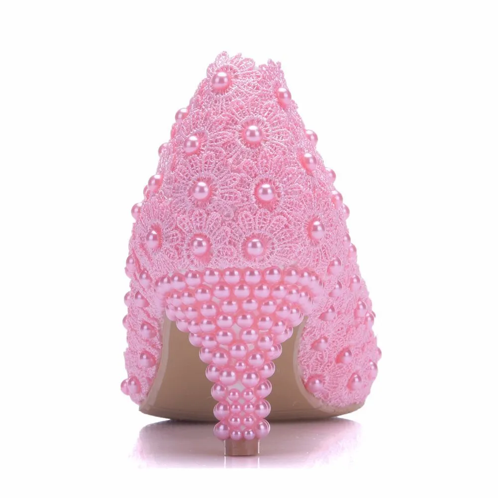 Women's kitten heel lace imitation pearl wedding pumps