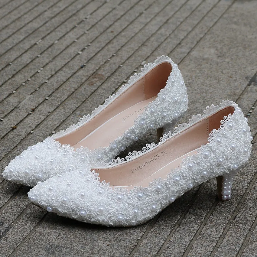 Women's kitten heel lace imitation pearl wedding pumps