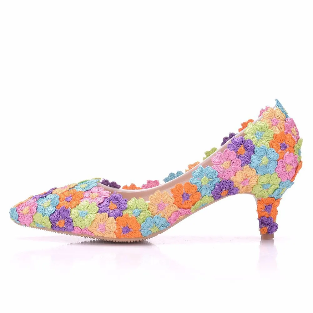 Women's kitten heel lace imitation pearl wedding pumps