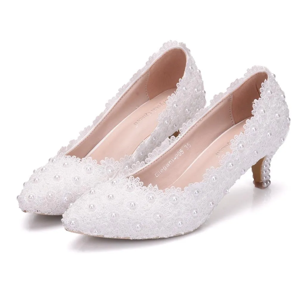 Women's kitten heel lace imitation pearl wedding pumps